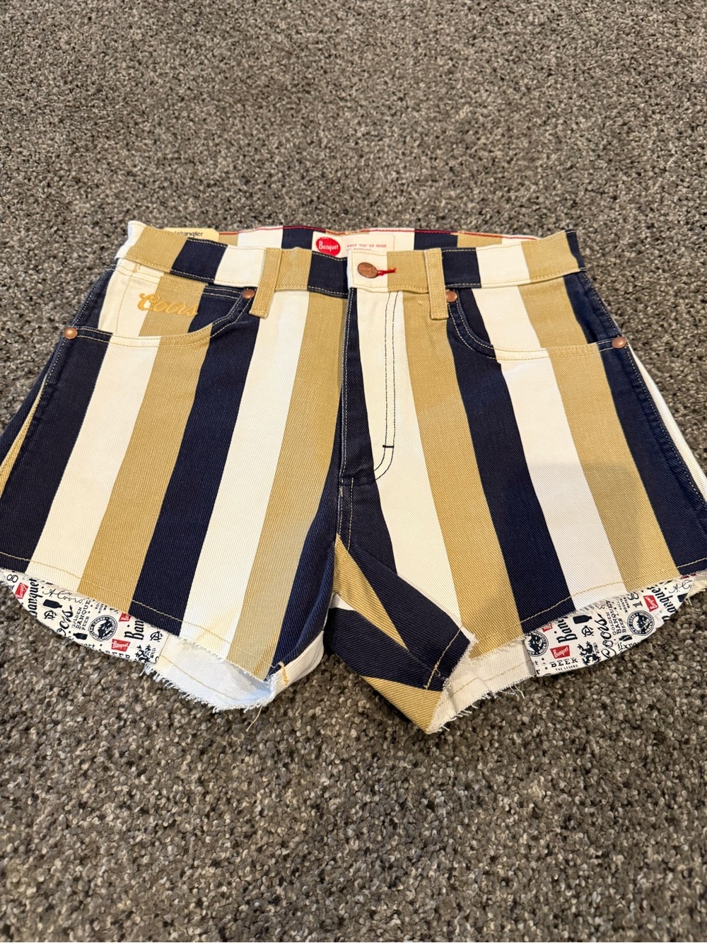 Wrangler Striped High-Rise Shorts in Navy, Mustard & White